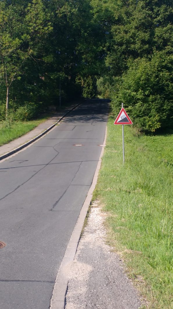 Steile Straße mit einem Straßenschild mit 20% Steigung
