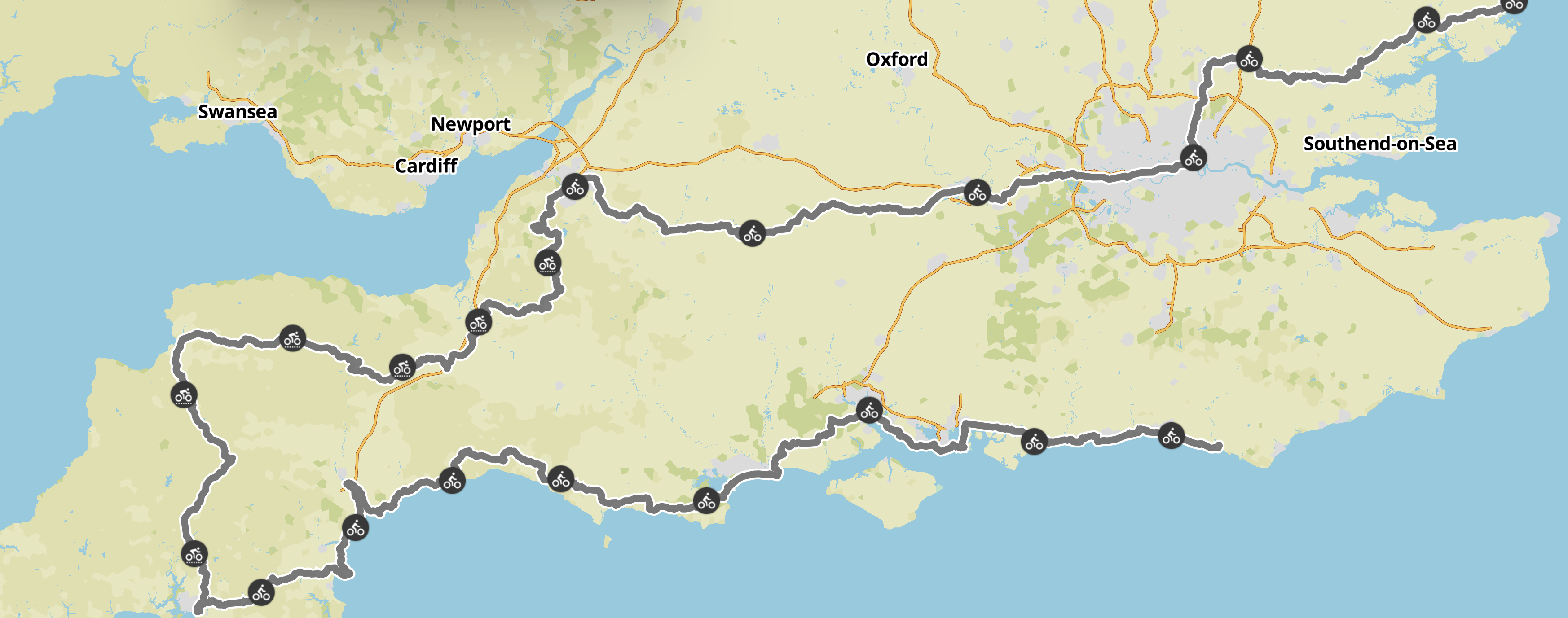 Eine Landkarte von Südengland mit einer Route