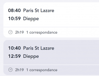 Bildschirm-Ausschnitt von einer Zugverbindung von Paris nach Dieppe